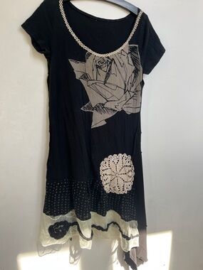 Black Floral Graphic Midi Dress unique design (upcycle & made in Quebec)